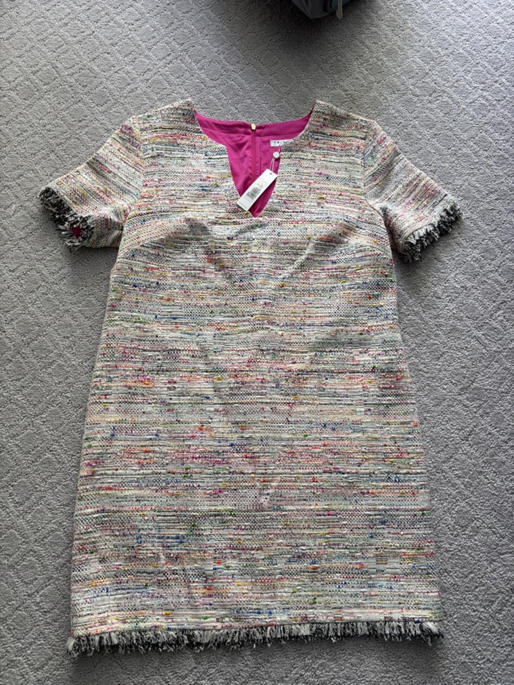 Trina Turk Cream Multicolor Tweed Shift Dress with Fuchsia Accents - Picture 9 of 16
